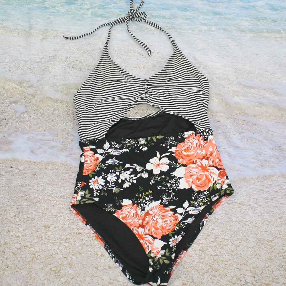 CUPSHE Swimsuit Cut Out Black Stripes Peach Floral One Piece Bathing Suit Small